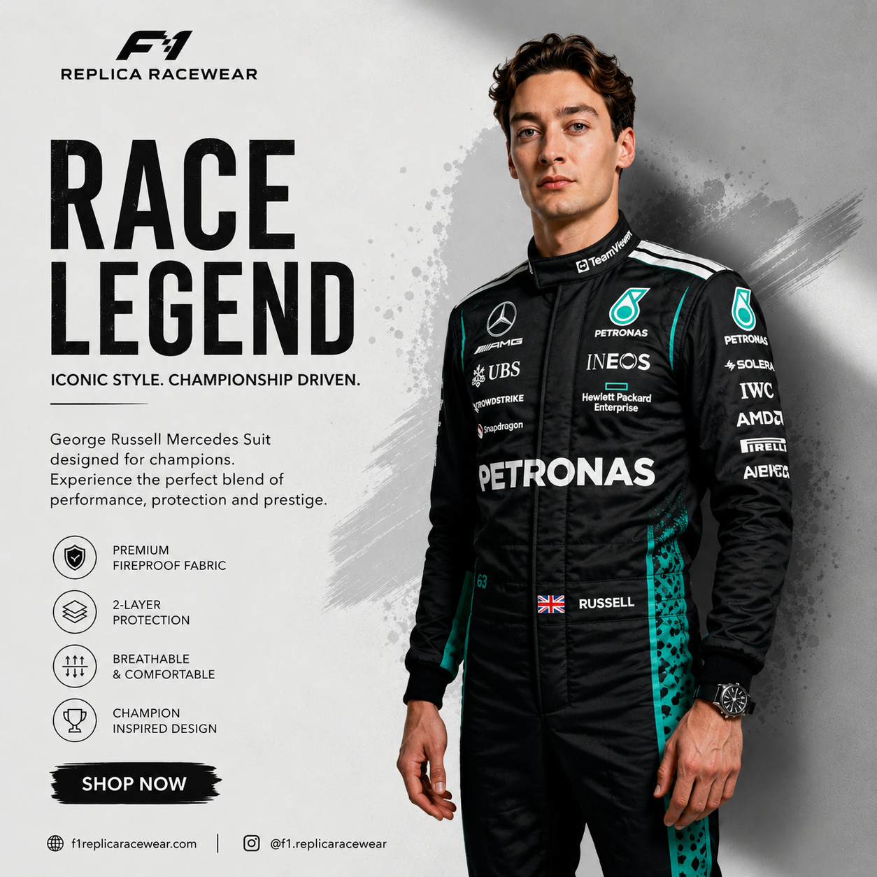 George Russell Mercedes-AMG Petronas F1 Racing Suit Replica 2026