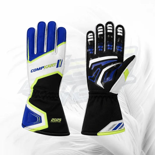 Pair of racing gloves with blue, black, and white design on a white background