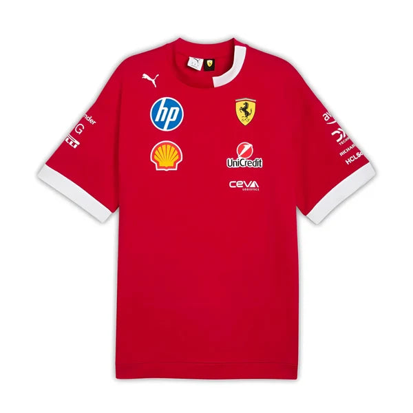 A red short-sleeve Scuderia Ferrari Puma soccer jersey with white collar and cuffs, featuring sponsor logos including HP, Shell, UnCredit, and CEVA, on a plain white background.