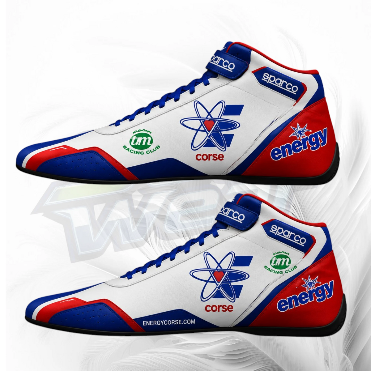 A pair of white, blue, and red high-top racing shoes with sponsor logos including Sparco, Energy, and UT Racing Club, displayed on a white background with a faint watermark.