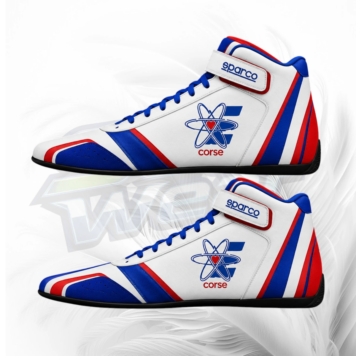 A pair of Sparco Corse high-top racing shoes in white, blue, and red, featuring the team's atom logo and 'sparco corse' branding on the side and heel strap.