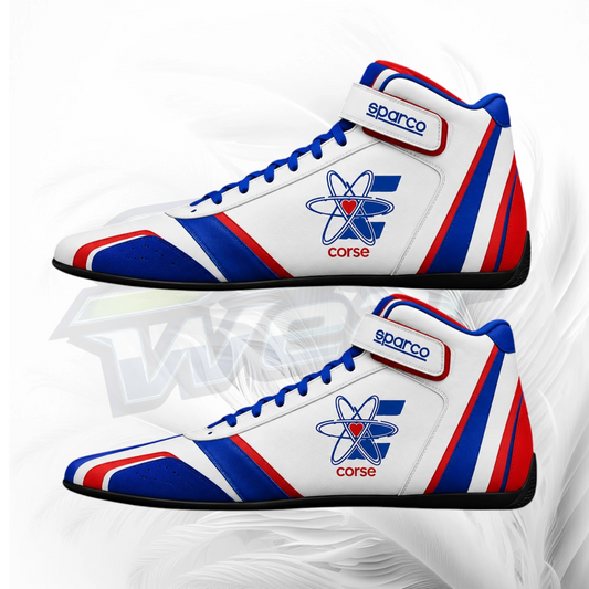 A pair of Sparco Corse high-top racing shoes in white, blue, and red, featuring the team's atom logo and 'sparco corse' branding on the side and heel strap.