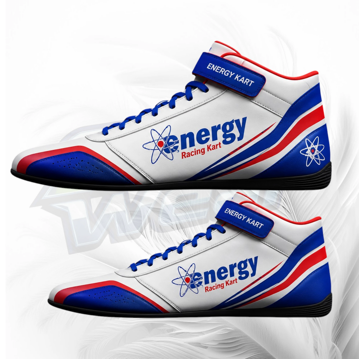 Two white high-top racing shoes with blue and red accents, featuring the text 'energy Racing Kart' and an atom logo, shown on a white background with a faint watermark.