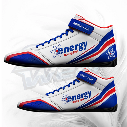 Two white high-top racing shoes with blue and red accents, featuring the text 'energy Racing Kart' and an atom logo, shown on a white background with a faint watermark.