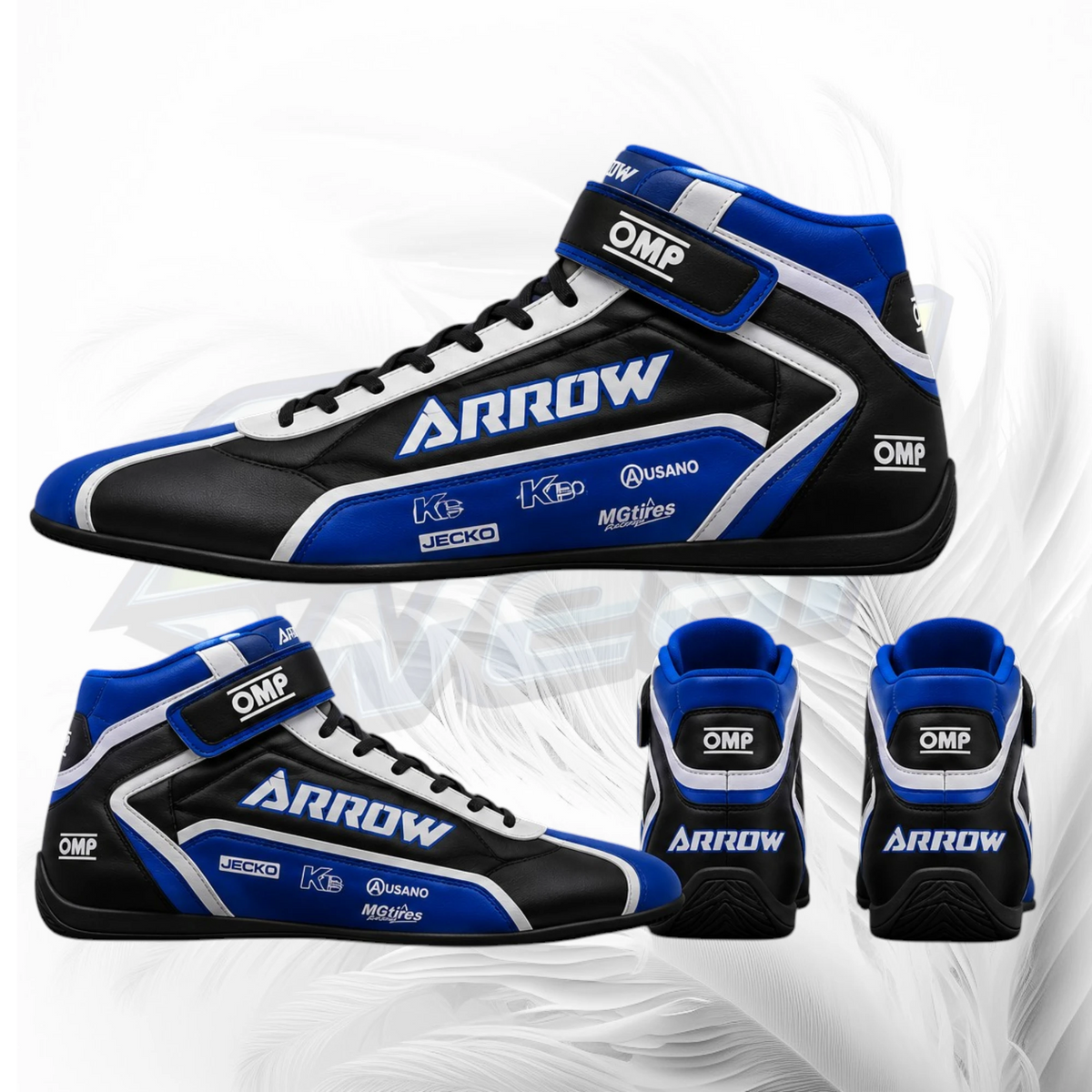 A set of high-top racing shoes in black, blue, and white, featuring the 'Arrow' and 'OMP' logos, displayed on a white background with a subtle gray swirl pattern.