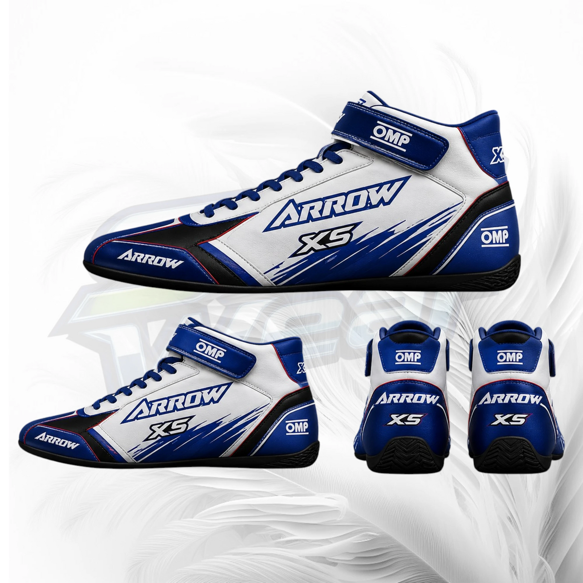 A pair of high-top racing shoes shown from multiple angles on a white abstract background. The shoes are primarily white with bold blue panels and black accents, featuring visible branding for Arrow and OMP.