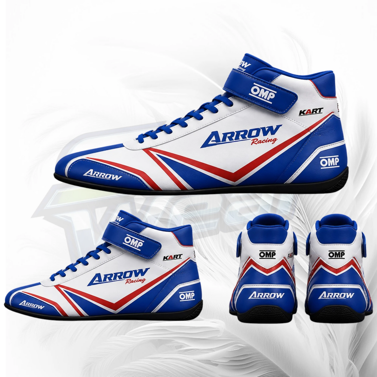 Blue, white, and red Arrow Racing KART racing shoes shown from multiple angles on a white background with a faint logo watermark.