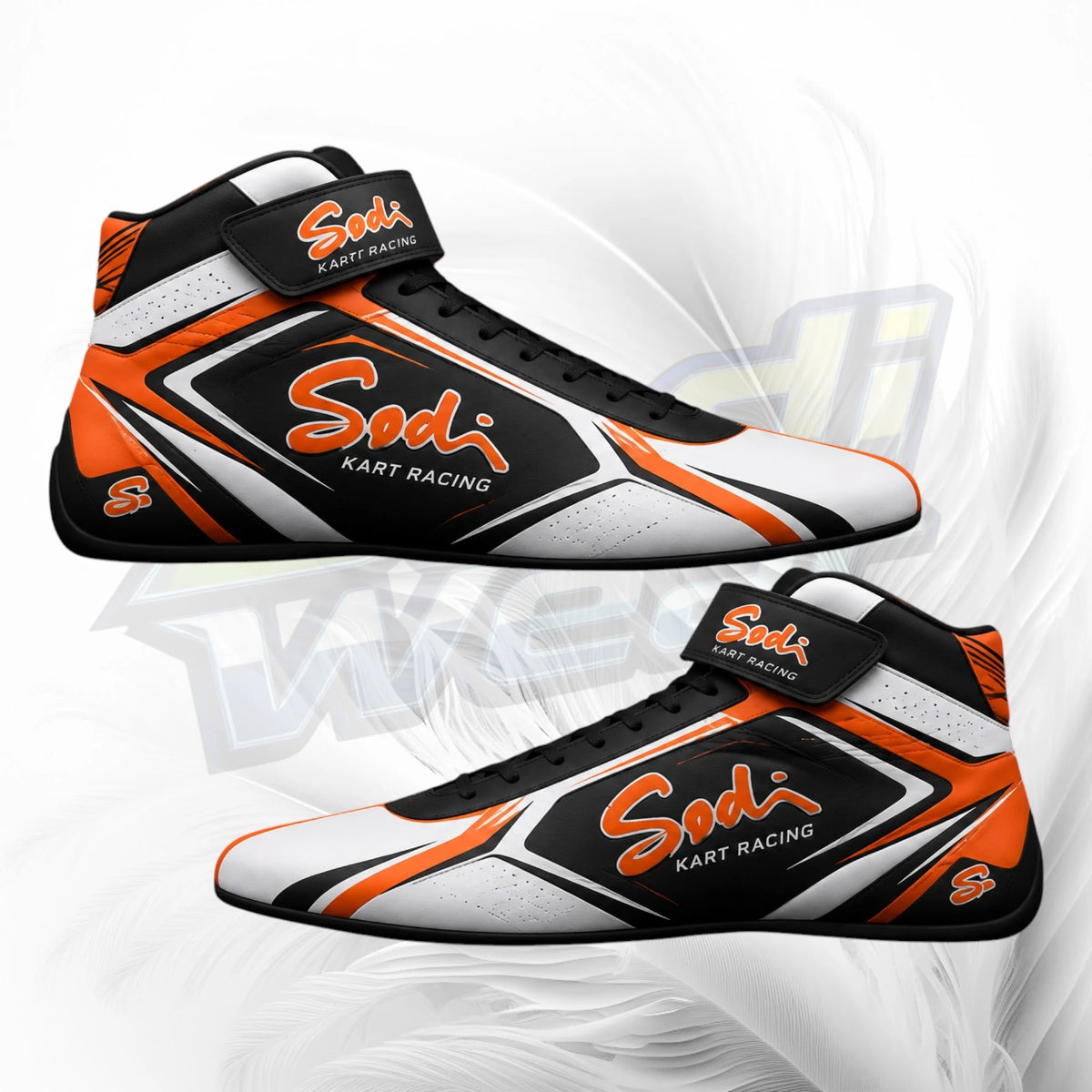 A pair of high-top Sodi Kart Racing shoes in a white, black, and orange color scheme, displayed against a white background with subtle gray graphic swirls.