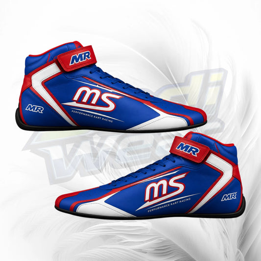 A pair of high-top racing shoes in blue, white, and red, featuring the 'MS' logo and 'MR Performance Kart Racing' branding, shown against a white background with a faint gray graphic.