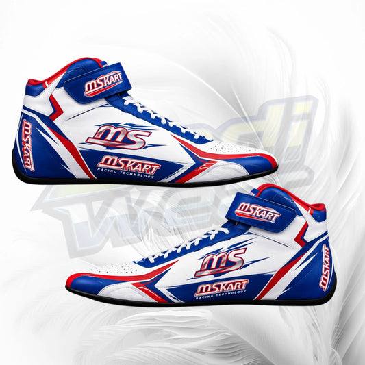 A pair of high-top racing shoes in white, blue, and red, featuring 'MSKART' branding on the straps and side panels, set against a white background with a faint gray graphic.