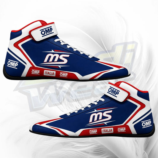 A pair of high-top racing shoes in navy blue, white, and red, featuring the 'ms' logo and 'OMP' branding, shown on a white background with a faint gray graphic overlay.