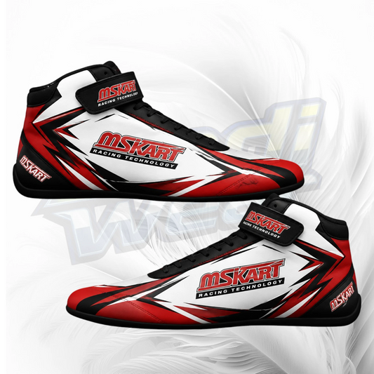 A pair of high-top motorsport racing shoes with a white, red, and black design, featuring 'MSKART RACING TECHNOLOGY' branding on the straps and sides, set against a white and gray abstract background.