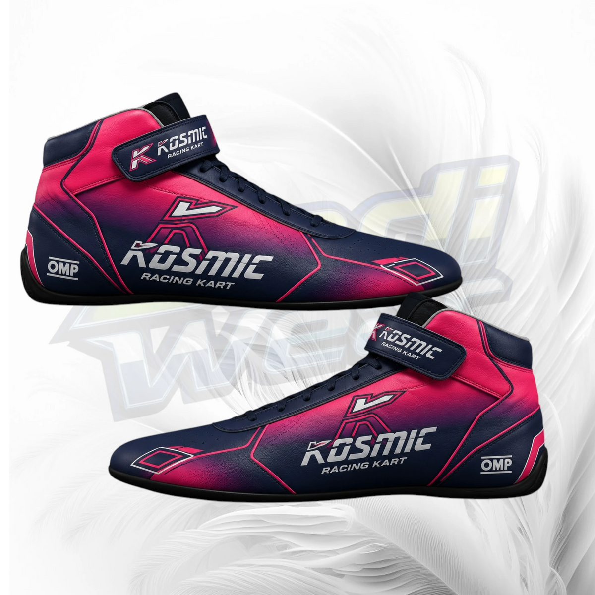 A pair of high-top racing shoes in a pink-to-black gradient, branded 'Kosmic Racing Kart' and 'OMP', shown on a white background with a faint gray graphic overlay.