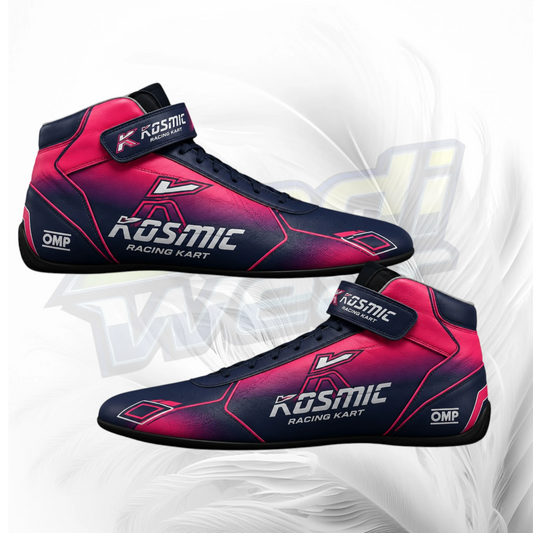 A pair of high-top racing shoes in a pink-to-black gradient, branded 'Kosmic Racing Kart' and 'OMP', shown on a white background with a faint gray graphic overlay.