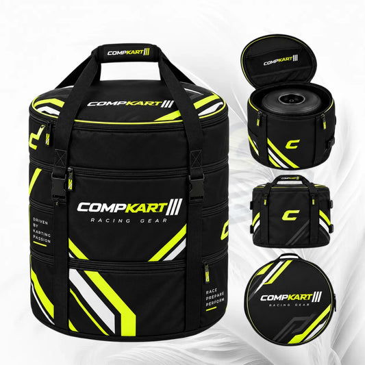 Black COMPKART Racing Gear bag with neon yellow and white geometric accents, shown in a main front view and three smaller inset views showing the open lid, side view, and circular close-up on a white background.