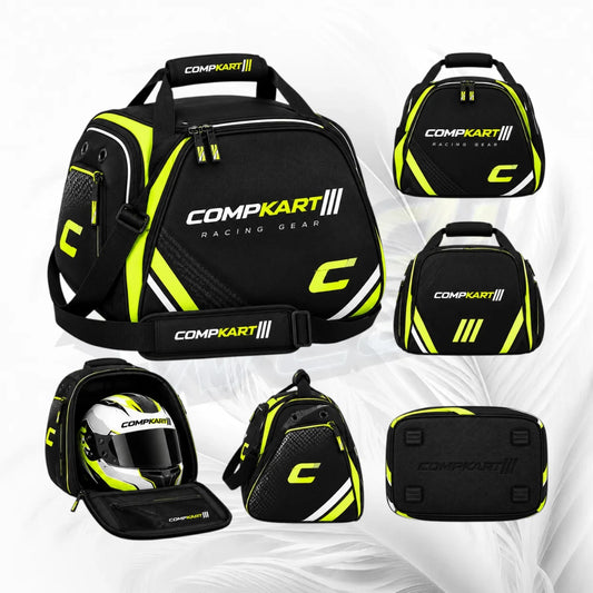 A CompKart Racing Gear duffel bag shown in multiple views on a light gray background. The bag is primarily black with bright neon yellow-green accents, white CompKart branding, and a large stylized 'C' logo.