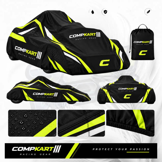 Black and neon yellow Compkart Racing Gear car cover shown in multiple views with a matching drawstring bag, plus three detail close-ups on a white background.