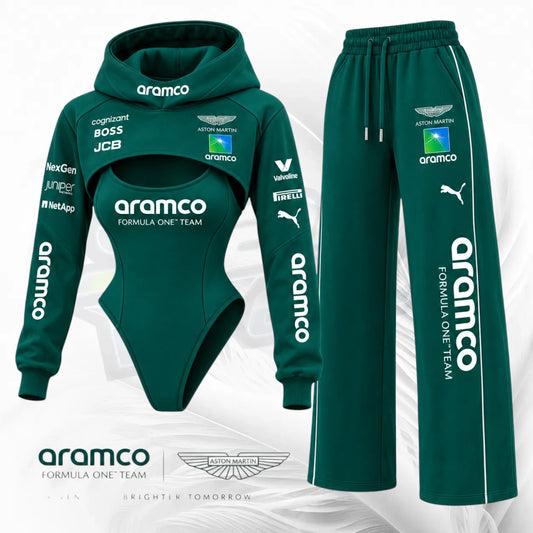 Aston Martin F1 inspired racing green hoodie bodysuit and wide leg pants set
