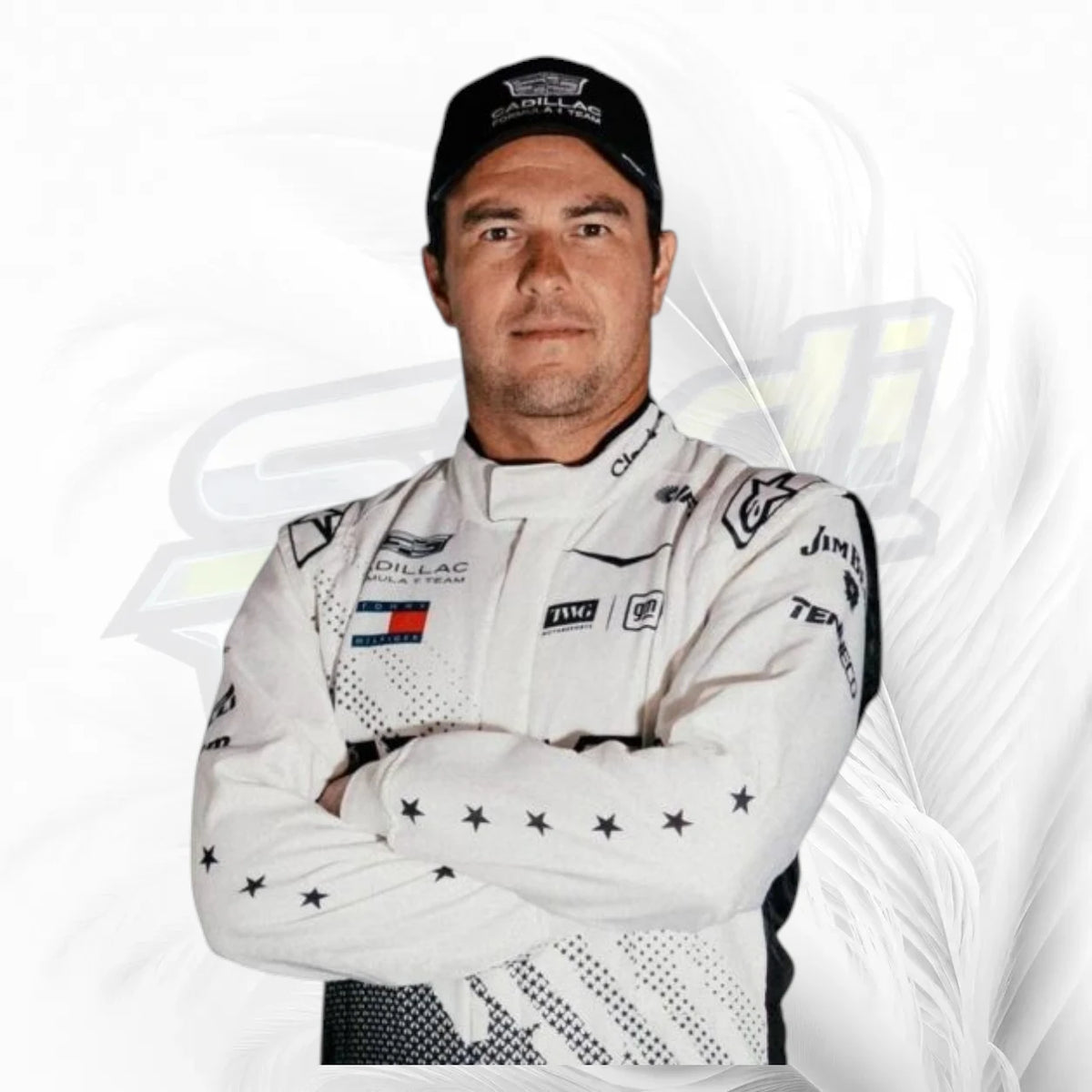 A portrait of race driver Sebastian Vettel wearing a white and black racing suit with sponsor logos, a black cap, and his arms crossed, set against a white background with a faint stylized graphic.