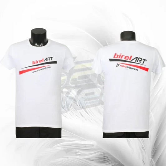 White short-sleeve t-shirt displayed on two black mannequin torsos, showing the front and back. The front features the text 'bireART' in red and black with a red stripe, and the back features '#REDPOWER' in black with a red stripe.