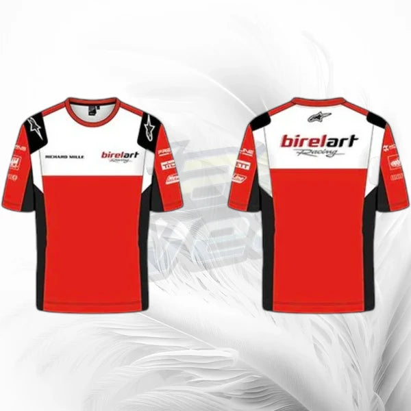 Red, white, and black racing jersey with Birel Art branding on a white background.