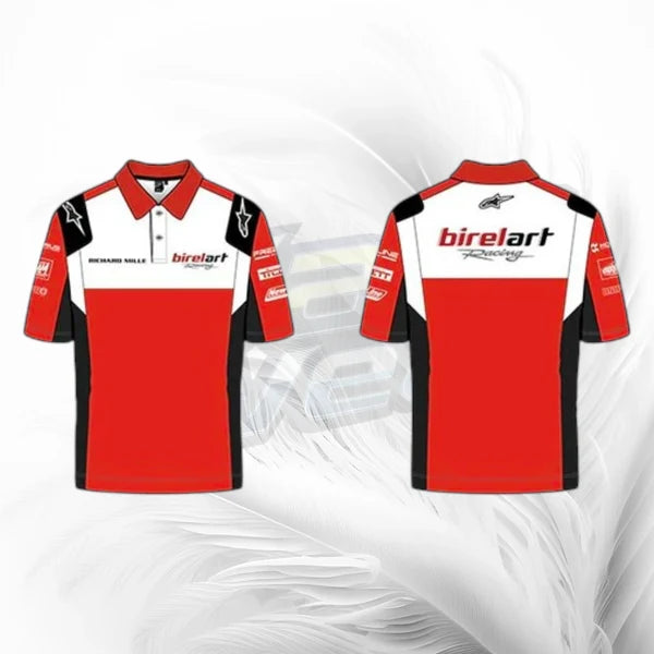 Red, white, and black polo shirt with Birel Art branding on a white background