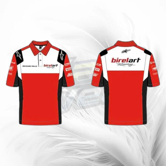 Red, white, and black polo shirt with Birel Art branding on a white background