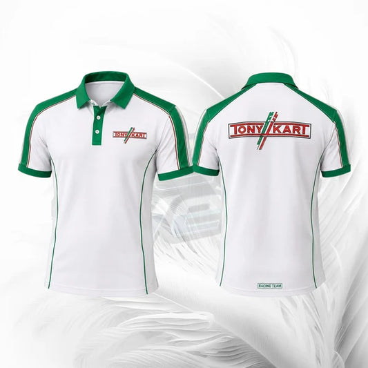 White polo shirt with green accents and Tony Kart logo on a white background