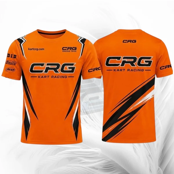 Front and back views of an orange short-sleeve racing t-shirt with black and white graphic accents, featuring 'CRG KART RACING' and sponsor logos on a white background.