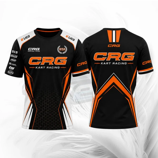 Black and orange CRG Kart Racing shirt with branding on a white background