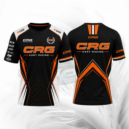 Black and orange CRG Kart Racing shirt with branding on a white background