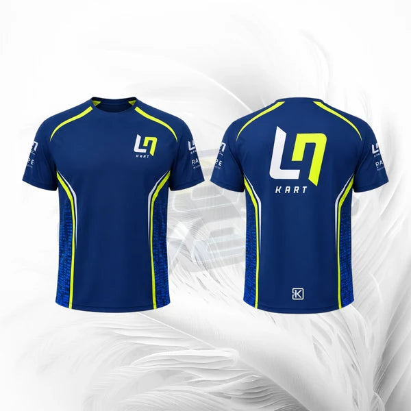 Blue sports jersey with yellow accents and branding on a white background