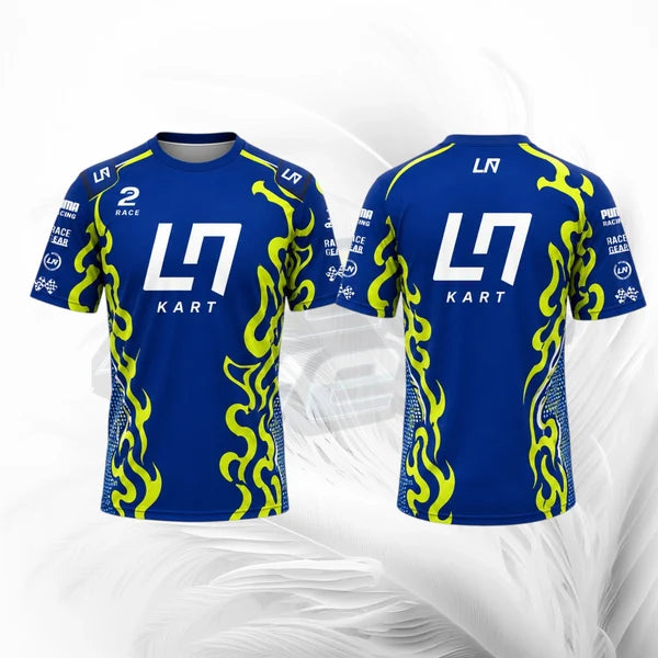 Blue and yellow racing jersey with 'LR Kart' branding on a white background