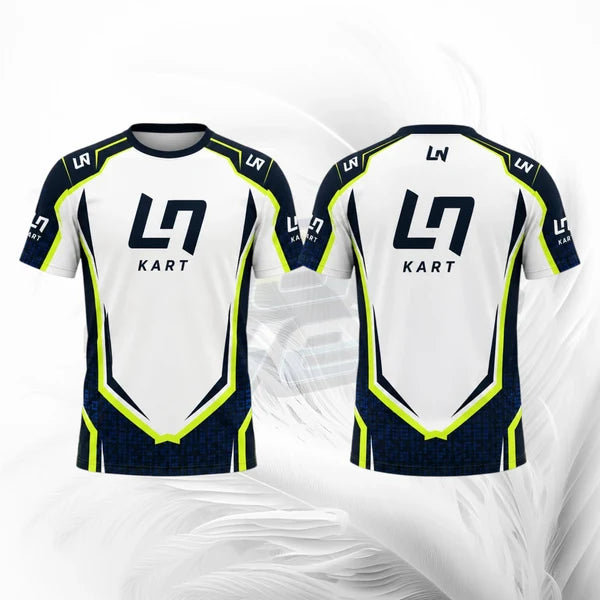 Front and back views of a short-sleeve athletic jersey. The jersey is primarily white with dark navy blue panels and bright neon yellow-green accents.