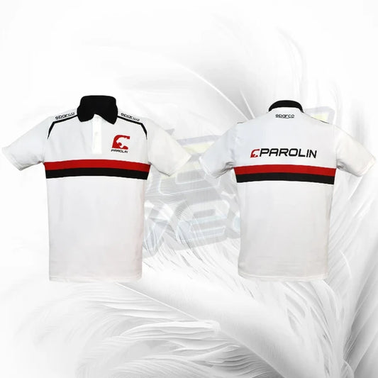 White polo shirt with red and black accents and 'Parolin' branding on a white background
