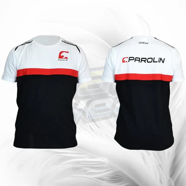 White and black t-shirt with red accents and 'Parolin' branding on a white background