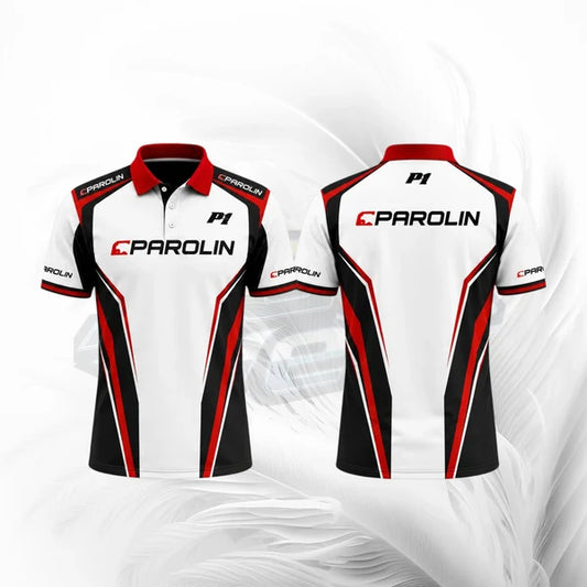 White, black, and red sports jersey with 'Parolin' branding on a white background
