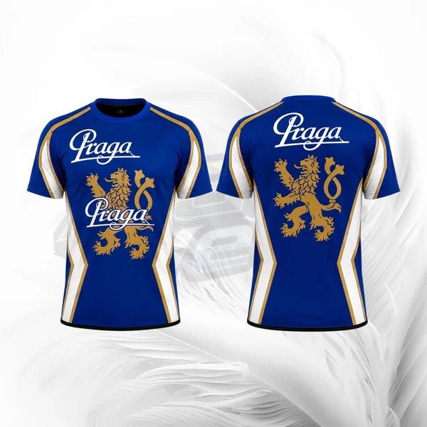Front and back views of a royal blue short-sleeve t-shirt with gold and white accents. The front features the word 'Praga' in white script above a gold lion graphic, and the back features a large gold lion graphic with 'Praga' in white script at the top.