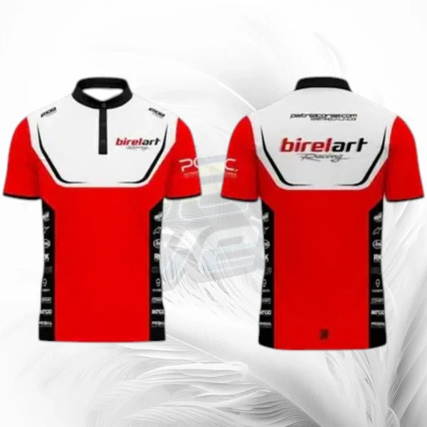 Red and white sports jersey with 'birelart' branding on a white background