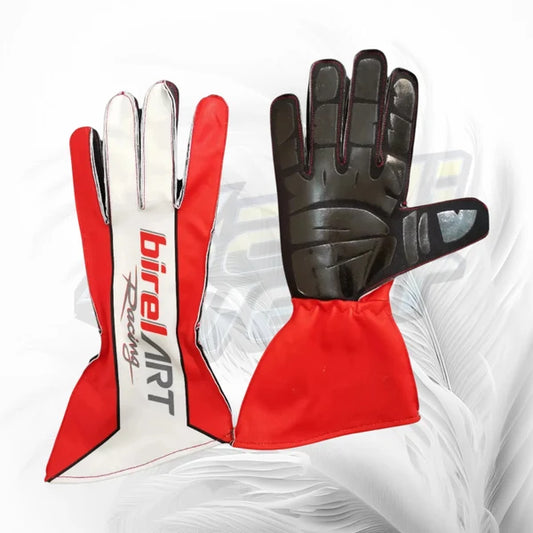 Red and black racing gloves with 'Birel Art' branding on a white background