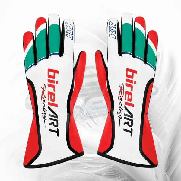 Pair of Birel Art racing gloves with red, green, and white design on a white background