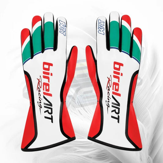 Pair of Birel Art racing gloves with red, green, and white design on a white background