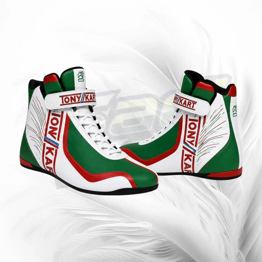 A pair of high-top boxing boots in a green, white, and red color scheme, featuring 'TONY KART' branding on the straps and sides, displayed against a white feather background.