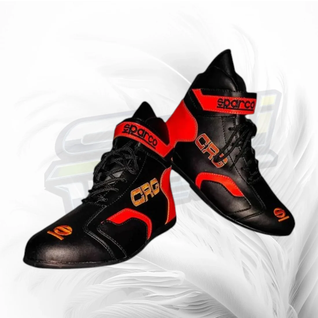 A pair of Sparco racing shoes in black and red, displayed against a white background with a faint gray logo watermark.