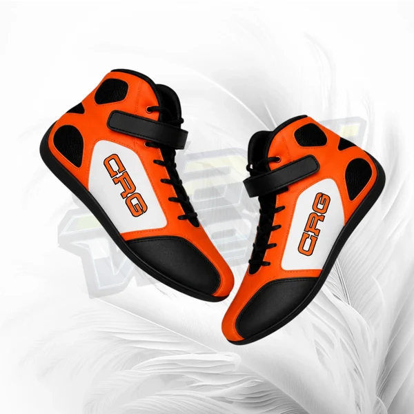 Orange and black shoes with 'CRG' branding on a white background