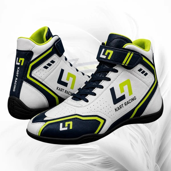 White high-top racing shoes with black and green accents on a white background