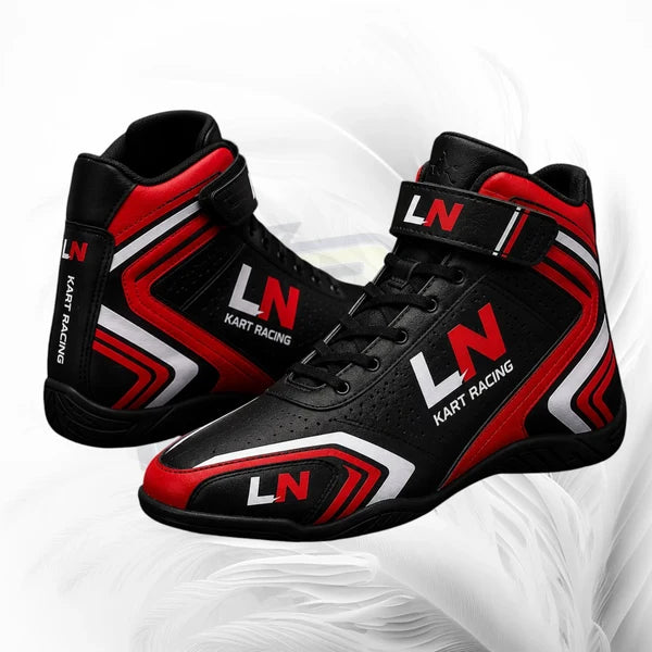 A pair of black high-top racing shoes with red and white graphic accents, featuring 'LN KART RACING' branding on the sides and straps, set against a white background with a subtle abstract pattern.