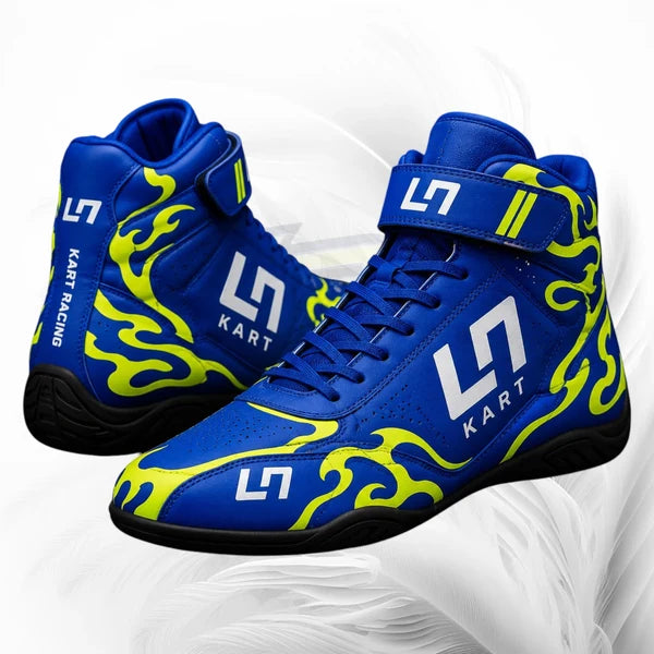 Blue and yellow racing shoes with 'Kart' branding on a white background