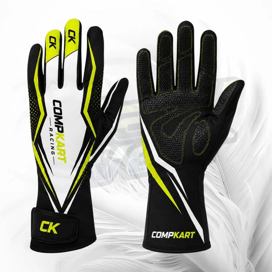 Black and yellow racing gloves with 'CK' branding on a white background