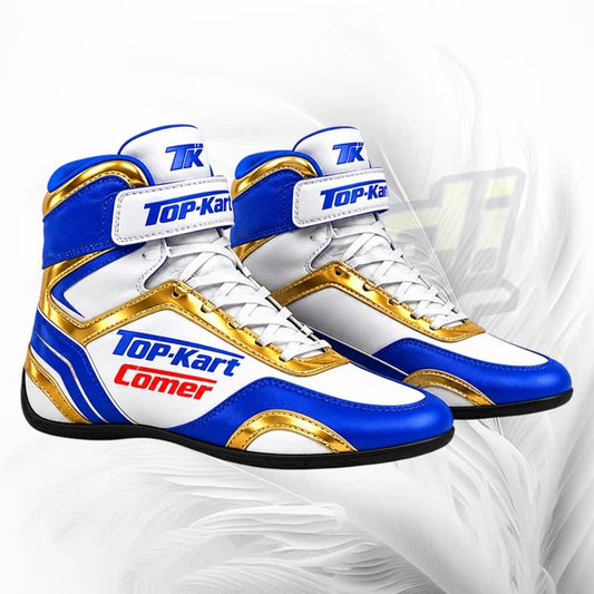 White high-top sneakers with blue and gold accents and 'Top-Kart' branding on a white background.